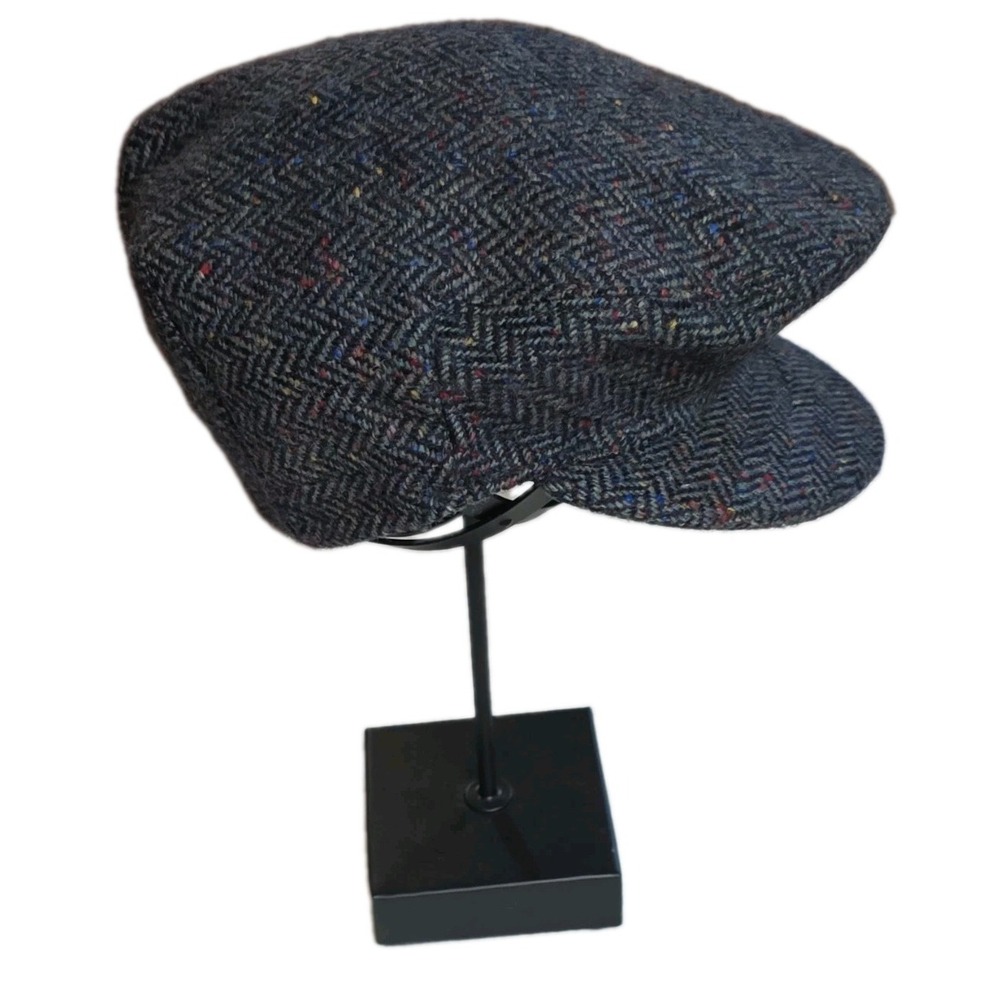 Vtg Shandon Headwear Donegal Tweed Flat Cap Blue Herringbone Wool Ireland Sz S